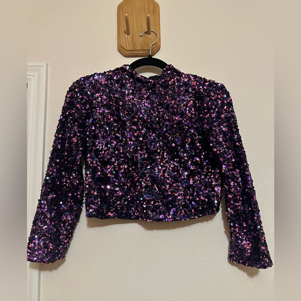 Zara Purple Sequin Cropped Top Sz XS Sparkly Girls Night Out Bachelorette Party